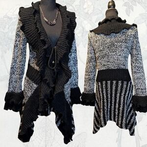 Papillon Black and White Grunge Ruffled Cardigan